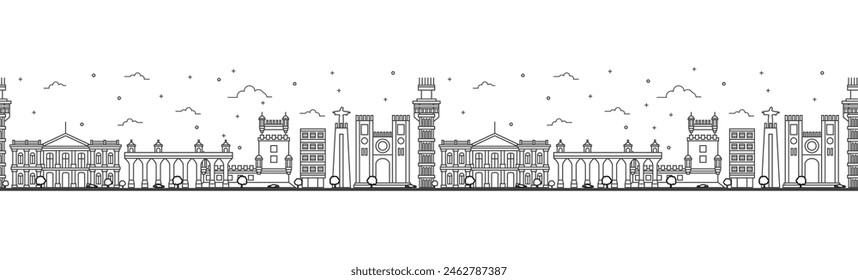 Seamless pattern with outline Lisbon Portugal City Skyline. Historic Buildings Isolated on White. Vector Illustration. Lisbon Cityscape with Landmarks.