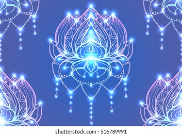 Seamless pattern with outline Lotus with boho pattern and bright spark. Vector element for spa centers, yoga studios. Hand drawn. Doodle elements for your design