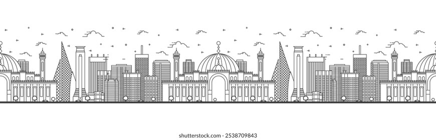 Nahtloses Muster mit Umriss Manama Bahrain City Skyline mit modernen Gebäuden isoliert auf Weiß. Vektorgrafik. Manama Stadtlandschaft mit Sehenswürdigkeiten.