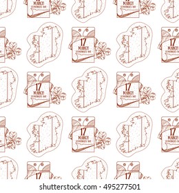 Seamless pattern with outline map of Ireland and a tear off calendar, on March 17 day.