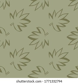 Seamless pattern outline marijuana leaves. Grey background with brown elements. Decorative backdrop for fabric design, textile print, wrapping, cover. Vector illustration.