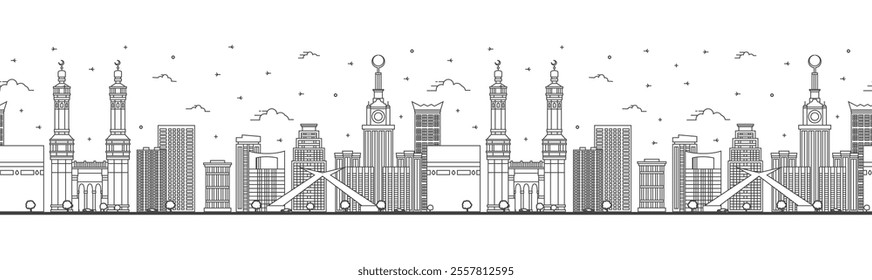 Seamless pattern with Outline Mecca Saudi Arabia City Skyline with Historic Buildings Isolated on White. Vector Illustration. Mecca Cityscape with Landmarks.