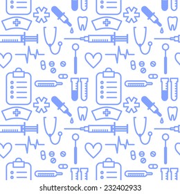 Seamless Pattern With Outline Medical Supplies. Vector Background Illustration.