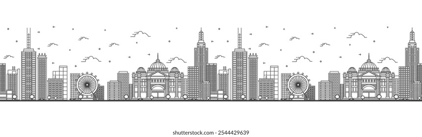 Padrão contínuo com contorno Melbourne Australia City Skyline com edifícios modernos e históricos isolados em branco. Ilustração vetorial. Melbourne Cityscape com pontos de referência.