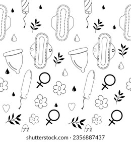 Seamless pattern outline  menstruation period woman pad, tampon, menstrual cup 