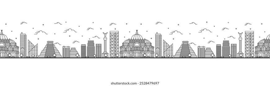 Seamless pattern with outline Mexico City Skyline with Historical Buildings Isolated on White. Vector Illustration. Mexico Cityscape with Landmarks. 