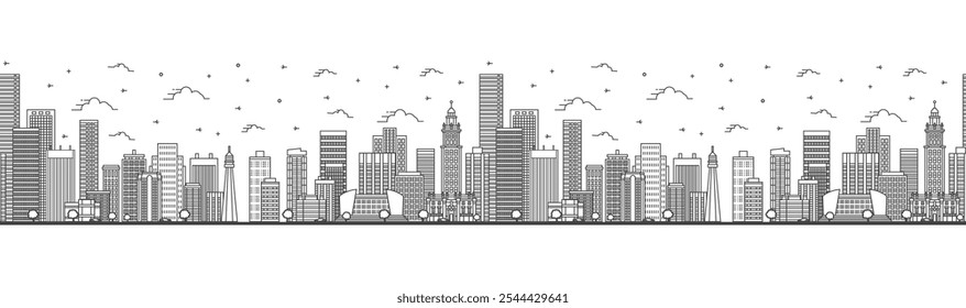 Seamless pattern with outline Miami Florida City Skyline with Modern Buildings Isolated on White. Vector Illustration. Miami USA Cityscape with Landmarks. 