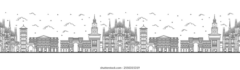 Seamless pattern with outline Milan Italy City Skyline with Historic Buildings Isolated on White. Vector Illustration. Milan Cityscape with Landmarks.