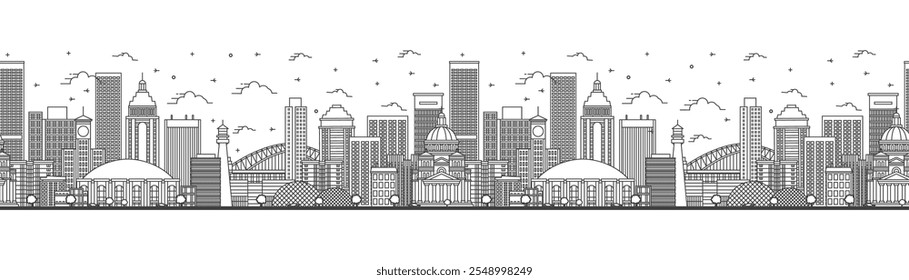 Patrón sin fisuras con contorno de Milwaukee Wisconsin City Skyline con edificios modernos aislados en blanco. Ilustración vectorial. Milwaukee USA Paisaje urbano con Lugares famosos.