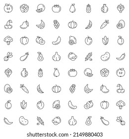 Seamless pattern of outline minimalistic icons of fruit and vegetable on white. Vector flat illustration