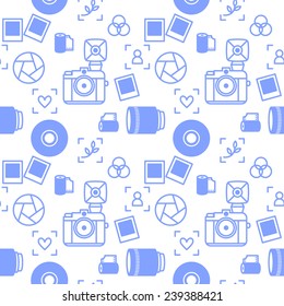 Seamless pattern with outline minimalistic photographer devices. Vector background with camera, lens and pictures.
