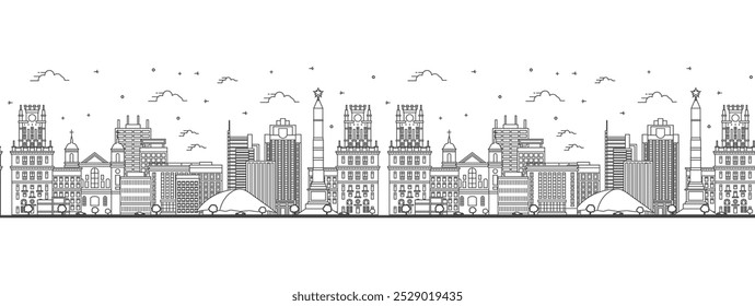 Seamless pattern with outline Minsk Belarus City Skyline with Modern Buildings Isolated on White. Vector Illustration. Minsk Cityscape with Landmarks.