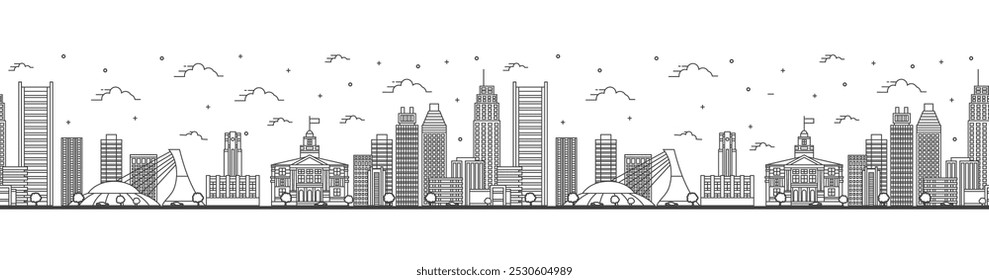 Padrão contínuo com contorno Montreal Canada City Skyline com edifícios modernos isolados em branco. Ilustração de vetor. Montreal Cityscape com pontos de referência.