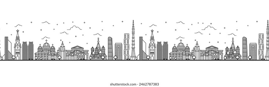 Patrón sin fisuras con contorno Moscú Rusia City Skyline. Edificios modernos e históricos aislados en blanco. Ilustración vectorial. Paisaje urbano de Moscú con Lugares famosos.