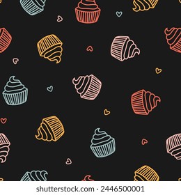 Seamless pattern with outline muffin and hearts