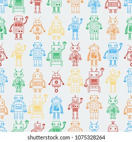 Seamless pattern from outline multicolored robots on a white background. Design for textiles, posters, packaging. Vector illustration.