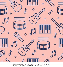 Seamless pattern with outline music instruments. Background for banner, poster, flyer, print. Vector illustration