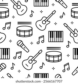 Seamless pattern with outline music instruments on white background. Background for banner, poster, flyer, print. Vector illustration