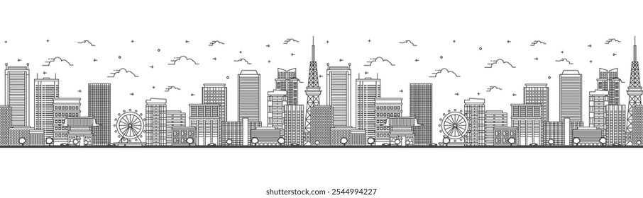 Seamless pattern with outline Nagoya Japan City Skyline with Modern Buildings Isolated on White. Vector Illustration. Nagoya Cityscape with Landmarks.