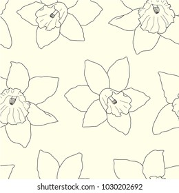 Seamless pattern of outline narcissus on a yellow background. Spring and summer floral wallpaper. Hand drawing. Vector illustration.