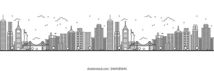 Seamless pattern with outline New York USA City Skyline. Modern Buildings Isolated on White. Vector Illustration. New York Cityscape with Landmarks.