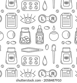 Seamless pattern of outline ophthalmology icons including eye drops, eye, pills, tweezers, contact lenses case, bottle of pills, pipette, clipboard