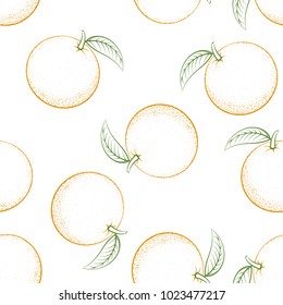 Seamless pattern from outline oranges with leaves on white background. Fruit. Design for textiles, posters, banners. Vector illustration.