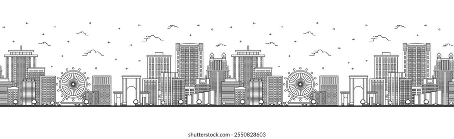 Modelo inconsútil con el horizonte de la ciudad de Orlando Florida con los edificios modernos e históricos aislados en blanco. Ilustración vectorial. Orlando USA Paisaje urbano con Lugares famosos.