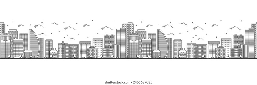 Patrón sin costuras con contorno de la ciudad de Panamá Skyline. Edificios modernos aislados en blanco. Ilustración vectorial. Paisaje urbano de Panamá con Lugares famosos.