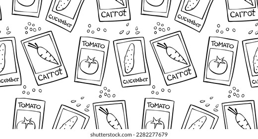Patrón sin fisuras de bolsas de papel con semillas y verduras. Fondo vectorial y textura. Tema de la jardinería, la agricultura, la agricultura