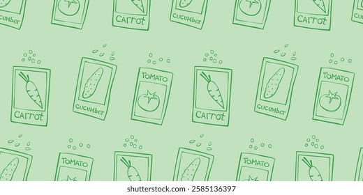 Seamless pattern of outline paper bags with seeds vegetables. Vector background and texture. Theme of gardening, farming, agriculture