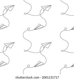 Seamless pattern with Outline Paper plane. White Background design with Airplane symbol in simple doodle style. Editable stroke Vector illustration