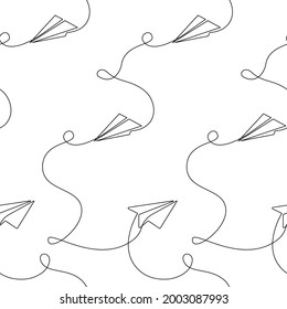 Seamless pattern with Outline Paper plane. Background design with Airplane symbol in simple doodle style. Editable stroke Vector illustration