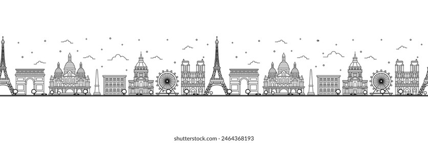 Seamless pattern with outline Paris France City Skyline. Historic Buildings Isolated on White. Vector Illustration. Paris Cityscape with Landmarks.