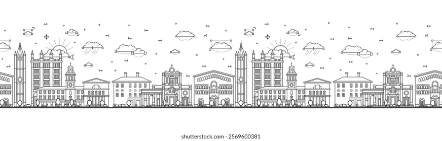 Seamless pattern with outline Parma Italy City Skyline with Historic Buildings Isolated on White. Vector Illustration. Parma Cityscape with Landmarks.