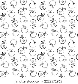 Seamless pattern with outline peaches or apricot. Hand drawn black and white food illustration. Ideal for fabric, textile, prints, scrapbooking, wrapping paper, invitation and party decoration