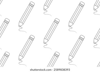 Seamless pattern with outline pencils. Children school supplies, office stationery on white background. Seamless pattern with drawing black pencils with eraser, vector illustration