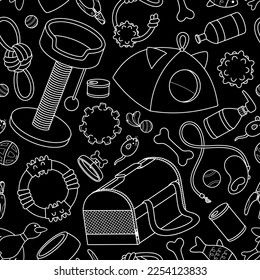 Seamless pattern with outline of pet accessories on black background. Line background for designs pet shops, web page, wallpaper, packing paper, fabric and textile. Cartoon vector illustrations.