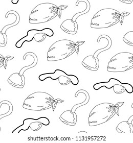 Seamless pattern of outline pirate objects on a white background. Eye patch, bandana, hook in cartoon style. Wallpaper for a pirate party, a card, clothes, textiles. Hand drawing. Vector illustration.