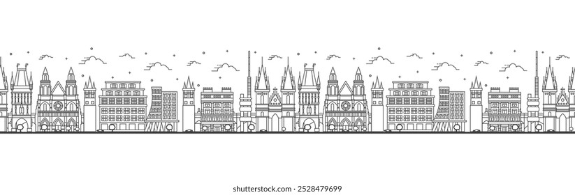 Patrón sin fisuras con el contorno del horizonte de la ciudad de Praga República Checa con edificios históricos aislados en blanco. Ilustración vectorial. Paisaje urbano de Praga con Lugares famosos.