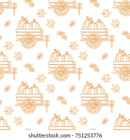 Seamless pattern with outline pumpkin, cart and leaves. Vector background in autumn style. Thanksgiving Holiday Texture on white.