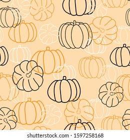Seamless pattern outline pumpkin in orange, black and white colors