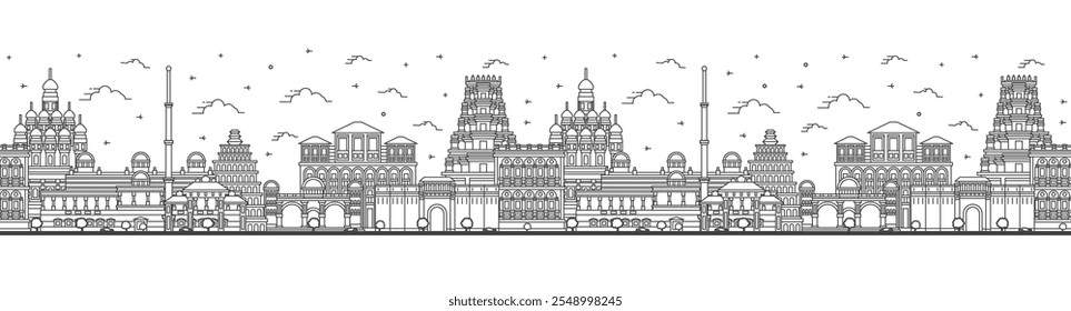 Nahtloses Muster mit Umriss Pune India City Skyline mit historischen Gebäuden einzeln auf Weiß. Vektorgrafik. Pune Maharashtra Stadtlandschaft mit Sehenswürdigkeiten.