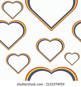 Seamless pattern with outline rainbow hearts on white background. Gay pride, LGBT community symbol . Repeat wrapping texture for fabric, wallpaper or gift wrap.