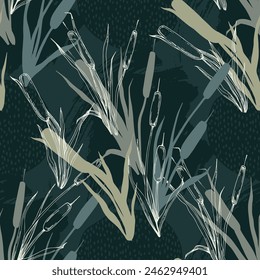 Seamless pattern of outline reed bushes.