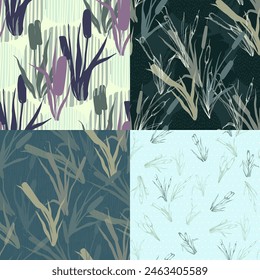 Seamless pattern of outline reed bushes.