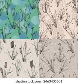 Seamless pattern of outline reed bushes.