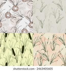 Seamless pattern of outline reed bushes.