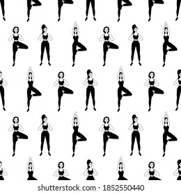 Seamless pattern in outline with a relaxed beautiful girl in meditation on a white background. Women's yoga in a flat style. Performing asanas. Ancient spiritual practice.
Stock vector illustration