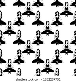 Seamless pattern in outline with relaxed cute girl in meditation on a white background. Women practicing Performing asana yoga concept in a flat style. Ancient spiritual practice. Stock vector illustration